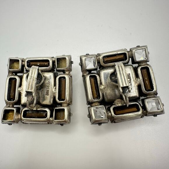 1940s 1950s vintage 925 sterling silver large clear rhinestones clip on earrings - Picture 5 of 8